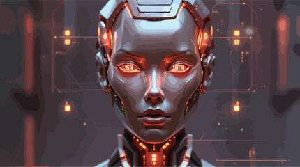 Poster - Futuristic portrait of a humanoid robot with glowing eyes and circuitry background.