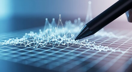 Poster - A pen hovering over a grid with a network diagram in a blue and white color scheme analysis concept