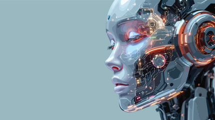 Poster - Portrait of a futuristic female robot face illuminated with circuit board technology.