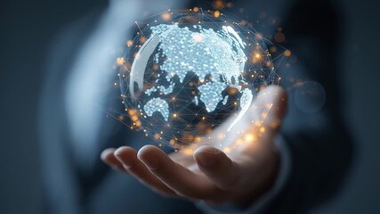 Poster - Businessman holding hologram of planet earth glowing with data connections
