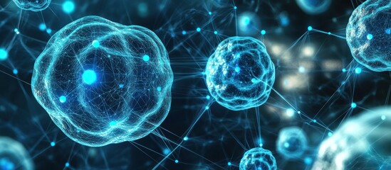 Aufkleber - Glowing blue cells connected by a network of lines create a scientific and futuristic feel, perfect for illustrating medical research, biotechnology, or advanced technology concepts.