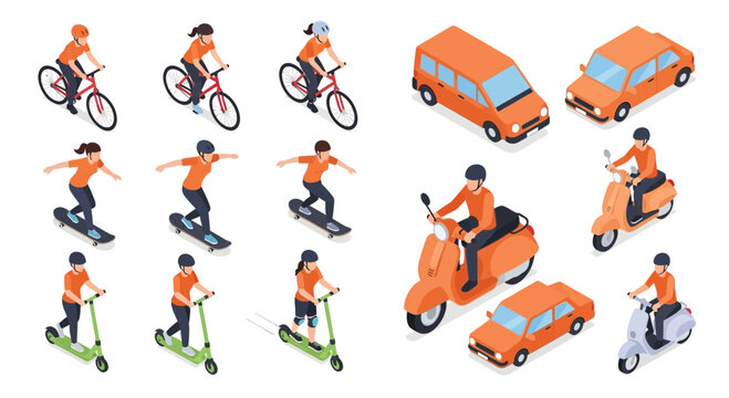 Isometric illustration of various transportation methods including bicycles, skateboards, scooters, cars, vans, and mopeds, all rendered in a bright, clean style.