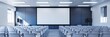 © Ree - Empty conference room with white blank screen and rows of chairs for presentation