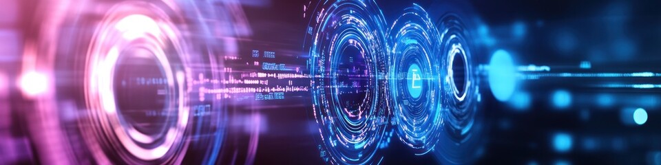 Poster - Futuristic technology glows with neon circles and data streams, creating a dynamic abstract design perfect for digital innovation and cutting-edge concepts in blue and pink hues.