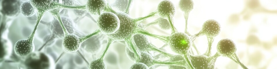 Poster - Molecular structure in green and white shows a complex network of interconnected spheres and strands, ideal for science, technology, or medical visualizations.