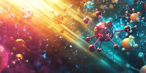Aufkleber - molecular structures float amidst a vibrant cosmic backdrop, showcasing detailed atom models and sci