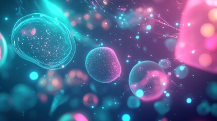 Poster - Glowing spheres with pink and teal hues create a mesmerizing abstract design, perfect for science, technology, or futuristic themes, offering a visually captivating experience.