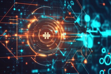 Aufkleber - Futuristic technology design showcases glowing circuit patterns and a central circular element, ideal for illustrating innovation, connectivity, and advanced digital concepts.