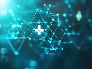 Poster - Medical cross with network connections on a teal background represents healthcare technology, digital medicine, and innovative health solutions for modern medical practices.