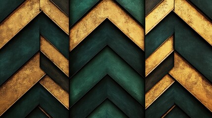 Poster - Abstract background of green and gold chevron pattern with textured metallic elements and dark shadows