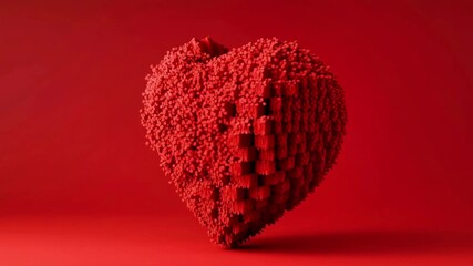 Poster - Red Abstract Shape with Textured Surface and Heart Made of Cubes on Red Background Art
