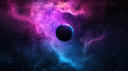 Wall Mural - Vibrant Cosmic Nebula with Colorful Gas Clouds and Planet in Outer Space, Starry Background with Bright Galaxies and Stunning Celestial Scenery