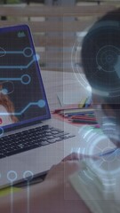 Poster - Animation of round scanner and microprocessor connections against girl having a video call on laptop