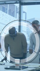 Poster - Animation of round scanner and data processing over diverse colleagues discussing together at office