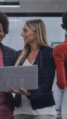 Poster - Animation of diverse coworkers sharing ideas while walking in corridor on graphs, symbols, numbers
