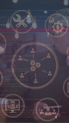 Poster - Animation of digital icons and data processing over caucasian woman using smartphone at a cafe