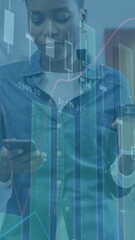 Poster - Animation of data processsing over african american woman drinking coffee using smartphone at office