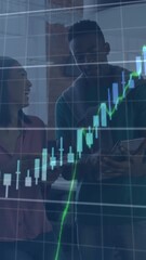 Poster - Animation of financial data processing over diverse man and woman discussing over a tablet at office