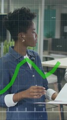 Poster - Animation of graph processing over diverse male and female colleague discussing at casual office