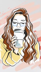 Poster - Animation of woman drinking coffee icon over orange boxes on white background