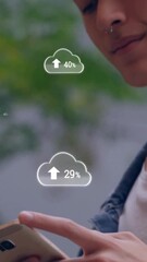 Poster - Animation of clouds with growing numbers over man using smartphone