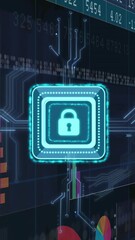 Poster - Lock animation over financial data charts and graphs, emphasizing cybersecurity