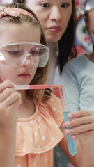Poster - Conducting science experiment with test tube, children over educational animation symbols