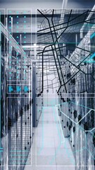Poster - Animation of interface with data processing and network of connections against computer server room