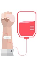 Poster - Animation of blood collection bag and arm illustration, blood donation logo, on white background