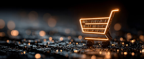Poster - The glowing shopping cart symbol on a digital technology background.