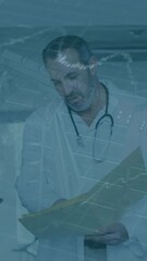 Poster - Doctors discussing patient files with financial data processing animation overlay