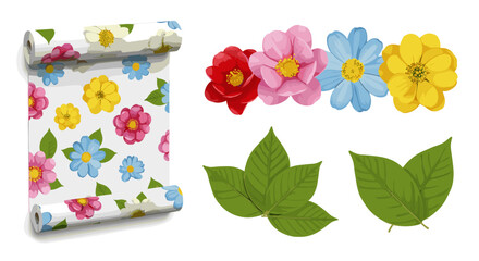 Poster - Floral wallpaper roll with red pink blue and yellow flowers and green leaves on white background design