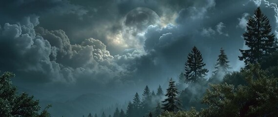 Wall Mural - anamorphic video full moon through clouds in a lush forest