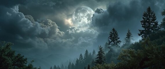 Wall Mural - anamorphic video full moon through clouds in a lush forest