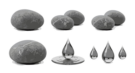 Poster - Arrangement of gray toned eggs and water droplets on a white background in a still life composition