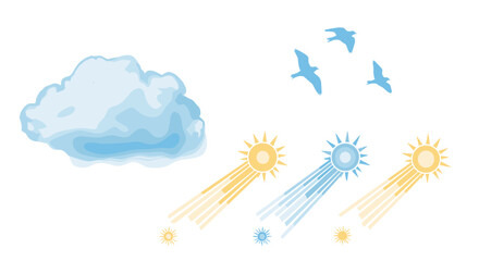 Poster - A watercolor illustration of a cloud with birds and sunbeams in a bright and sunny day scene outdoors