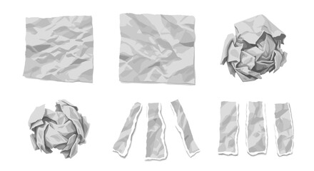 Poster - Collection of crumpled paper sheets and strips in various shapes and arrangements on a white background