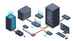 © Luan - Isometric illustration of a server rack network setup with connected devices and a workstation
