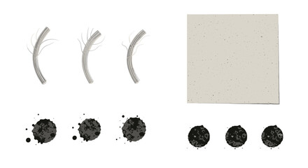 Poster - Three curved lines with branches, a rectangle, and two sets of three black ink blots are shown