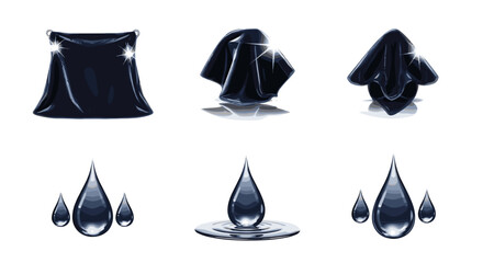 Poster - Collection of dark cloth drapes and liquid drops with reflections on a white background art piece