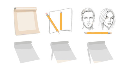 Poster - Illustration showing sketchbooks with pencils and portrait sketches of a man and woman in pencil art style