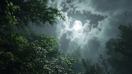 Wall Mural - full moon through clouds in a lush forest