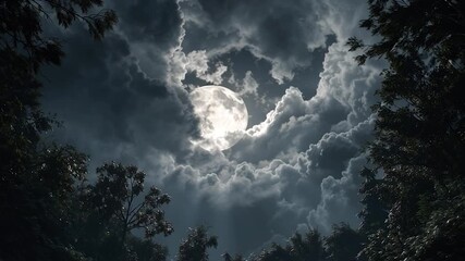 Wall Mural - full moon through clouds in a lush forest