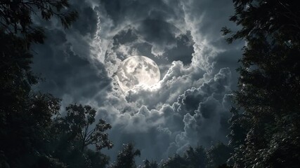 Wall Mural - full moon through clouds in a lush forest