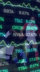 Poster - Stock market data animation overlaying soccer players playing on field