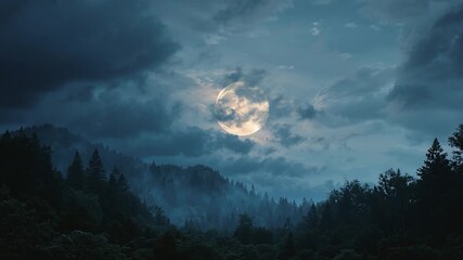 Wall Mural - full moon through clouds in a lush forest