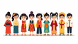 © Chico Store - Diverse cartoon children stand in a row wearing various Asian traditional costumes