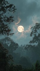 Wall Mural - vertical video full moon through clouds in a lush forest