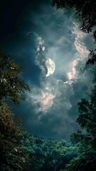 Wall Mural - vertical video full moon through clouds in a lush forest