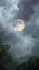Wall Mural - vertical video full moon through clouds in a lush forest